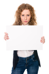 Fototapeta premium Business woman isolated portrait . Girl show big blank board