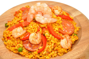 Prawn And Chorizo Paella In Wood Bowl