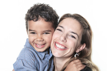 A portrait of happy cheerful African family isolated on white ba