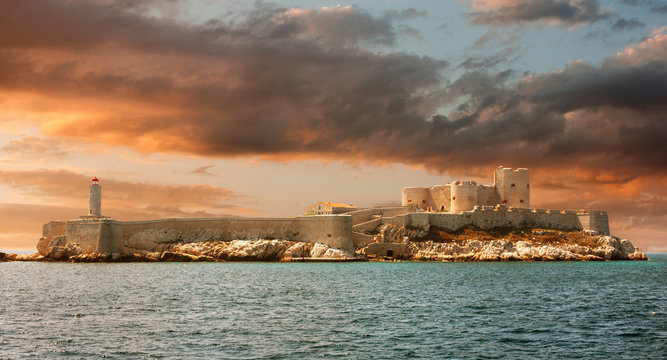 Sunset over famous If castle, chateau d'If, Marseille, France