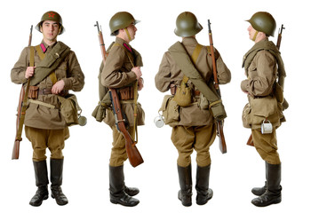 Soviet soldier in 1941, front, profile and back