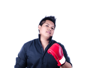 businessman with red boxing glove ready to fight with problem, b