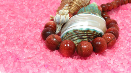Three different sea shells on pink and Tiger's eye