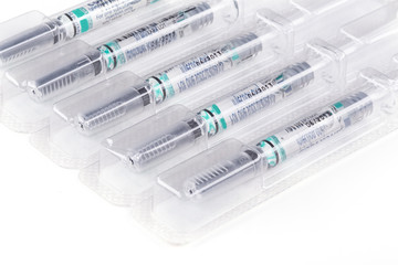 Blister packed medication in sterile hypodermic syringes