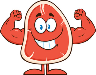 Smiling Steak Cartoon Mascot Character Flexing
