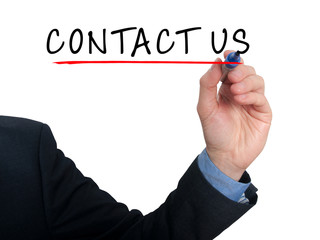 Businessman hand writing contact us. White background
