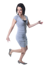 A woman pointing shoes in studio white background