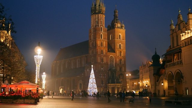 Krakow Market Square in the nighttime with christmas decorations