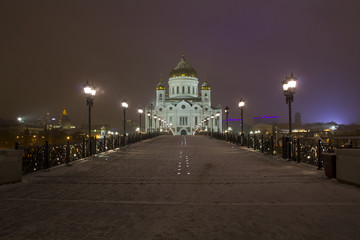 Moscow's Christ the Savior Cathedral at night in the snow