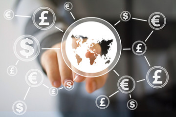 Businessman pushing button with dollar map currency web icon