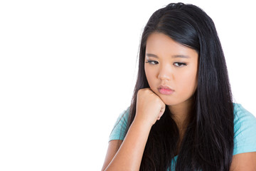 Fototapeta premium Headshot sad gloomy young woman worried about future 