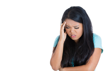 Fototapeta premium Headshot sad gloomy young woman worried about future 