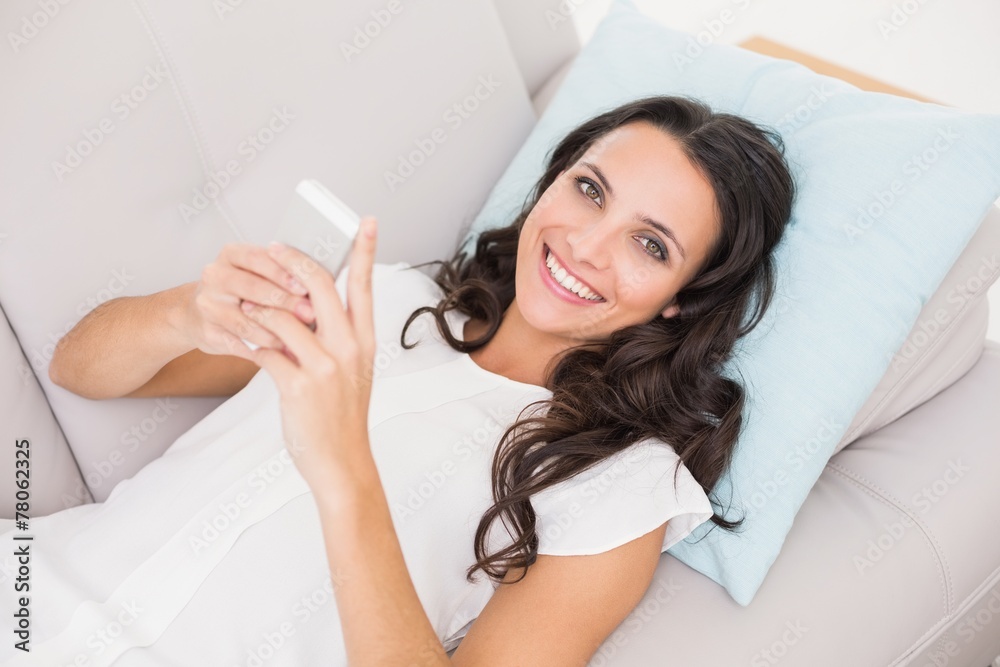 Poster pretty brunette relaxing on the couch sending a text