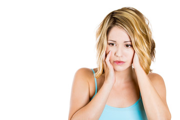 Obraz premium Closeup portrait sad unhappy young woman thinking 