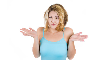 Fototapeta premium Shrugging woman in doubt doing shrug showing open palms