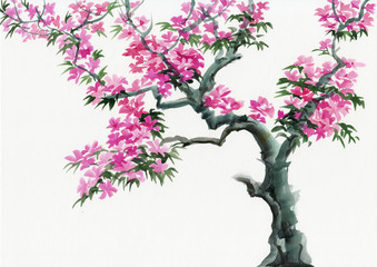 Blossoming tree watercolor painting