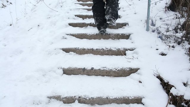 Man falling down the broken stairs covered with snow