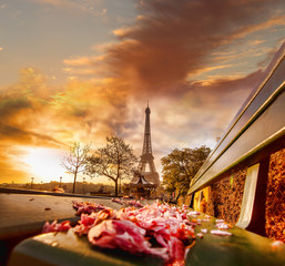 Fototapeta na wymiar Eiffel Tower during beautiful spring morning in Paris, France