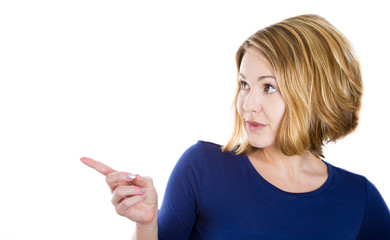 woman pointing showing something to side empty copy space