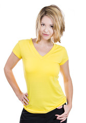 Fototapeta premium Young beautiful woman yellow t-shirt isolated white background