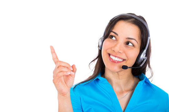 Headshot female customer representative with phone headset