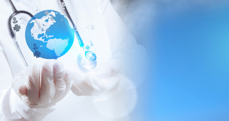 smart medical doctor hand showing network with operating room as