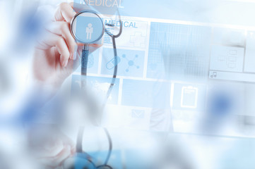Medicine doctor hand working with modern computer interface as m