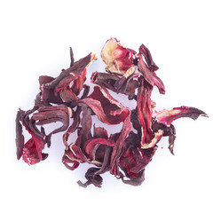 Flores de hibisco secas aisladas sobre un fondo blanco