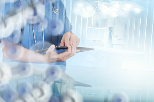 Double exposure of smart medical doctor working with operating r