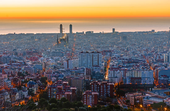 Barcelona before sunrise with the Mediterranean Sea in the back