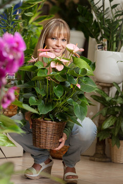female customer is choosing a plant in a flower shop