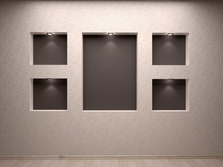 Abstract background. 3D render. Picture frames or photos in art gallery
