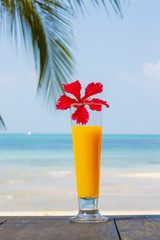 Апельсиновый сок на фоне океана. Тропический завтрак.