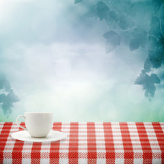 Picnic table in fog