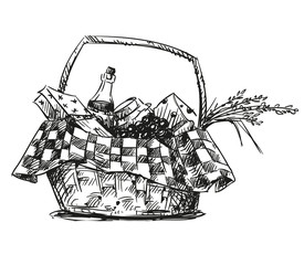 Picnic basket with snack. Hand drawn.