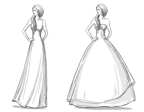 Fashion illustration. Vector sketch. Long dress. Bride.