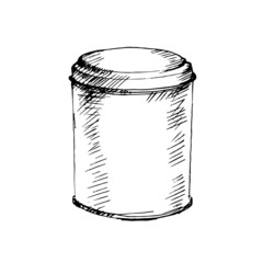 Round tin packaging. Sketch. Vector illustration.