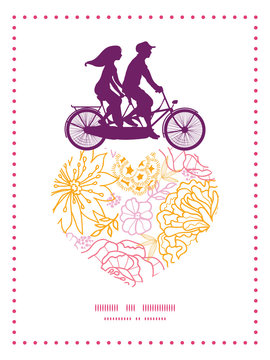 Vector flowers outlined couple on tandem bicycle heart