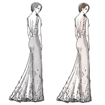 Fashion hand drawn illustration. Vector sketch. Long dress.