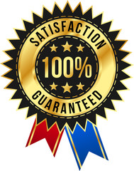 Gold Satisfaction 100% Guaranteed Seal with Red and Blue Ribbons