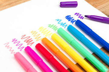 A set of markers on a sheet of white paper.Concept.Drawing of di