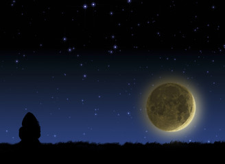 Fototapeta premium Girl sitting on a meadow and watching moonset on a starry skies.