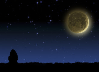 Obraz premium Girl sitting on a meadow and watching moonset on a starry skies.