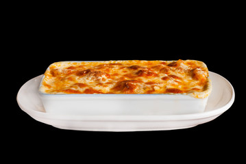 Baked penne pasta with tomato sauce and cheese