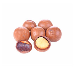 Shelled and unshelled macadamia nuts on white background