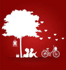 Valentine background with children read a book under tree. Vecto