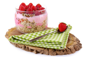 Healthy breakfast - yogurt with  strawberries and muesli served