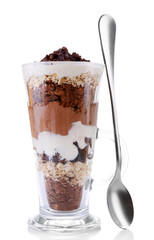 Yogurt, with chocolate cream, chopped chocolate and muesli