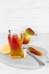 tasty summer drink with fresh fruits, on wooden table