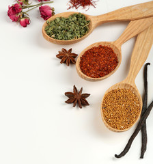 Different spices and herbs in wooden spoons isolated on white